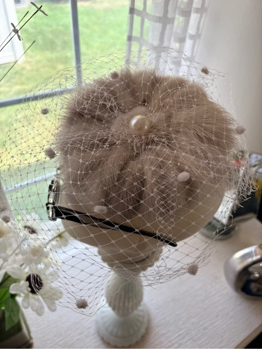 VTG Mink Fur Mesh Veil Fascinator Hat